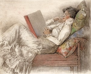 Mortimer Menpes, Britain/Australia, 1855–1938, Reading, c.1898–99, London, drypoint, printed in coloured inks on paper, 21.8 x 26.4 cm (plate), Private collection, England 