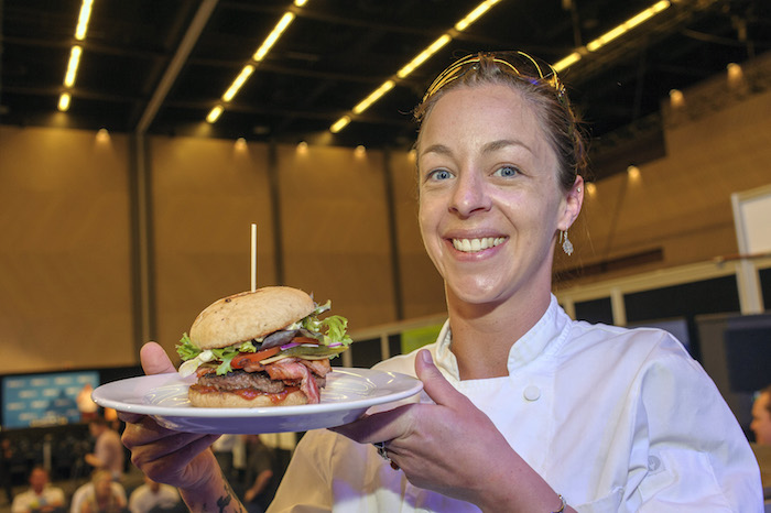 Chef Amy with the winning burger!