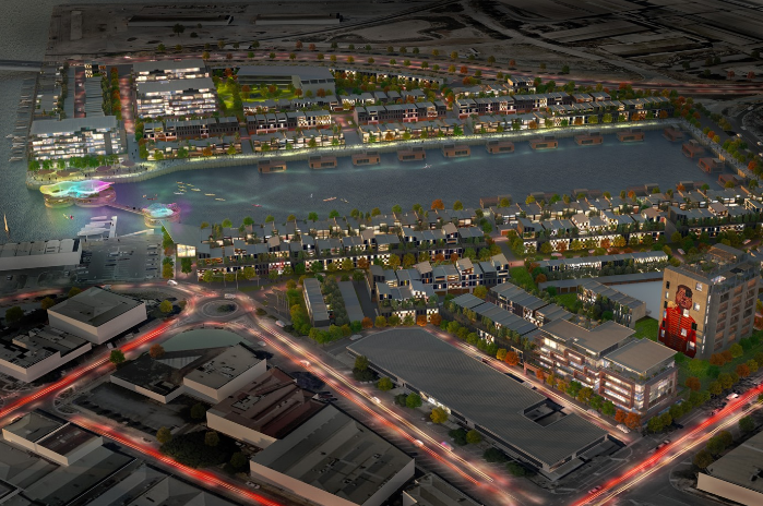 Artist's impression of Starfish Developments's proposed development of Dock One and Port Approach South viewed from the south at night