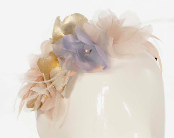 Bonnie Evelyn Milliner Tulle headband with silk flowers in rose quartz, serenity, ivory and gold $220