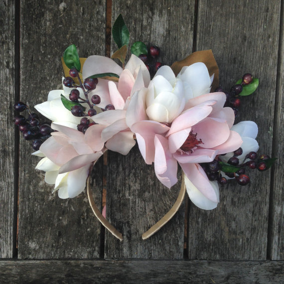 Pastel Magnolia and Berry Statement Flower Crown $125