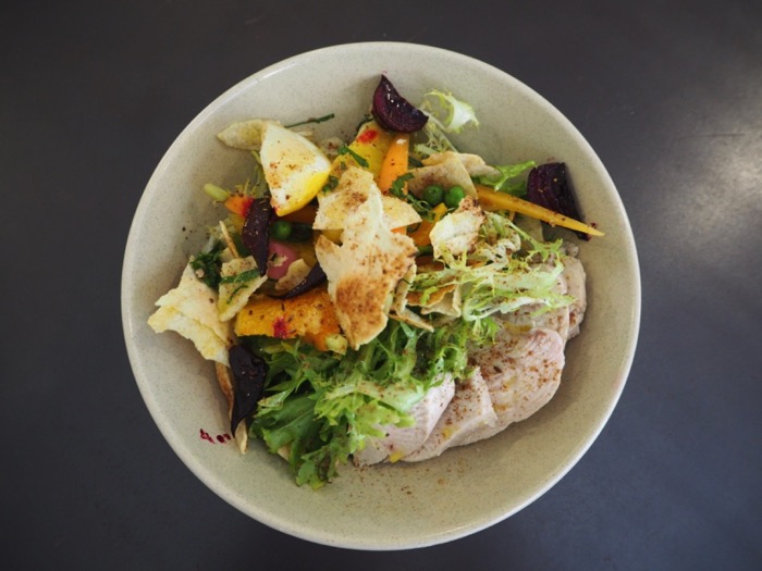 Spring Vegetable Fattoush: Baby carrot, heirloom beet, orange, endive, baby pea, toasted pita, with poached free-range chicken breast