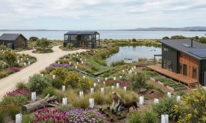 Native Australian plants and three chalets overlooking the Coorong