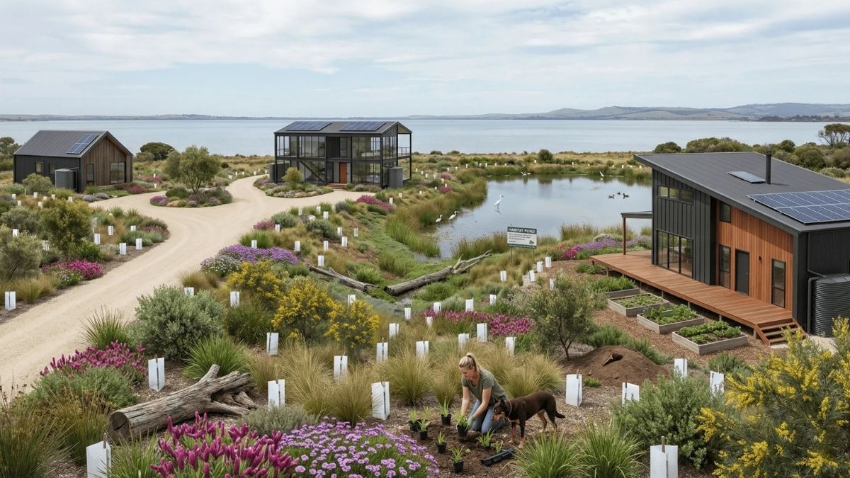 Native Australian plants and three chalets overlooking the Coorong