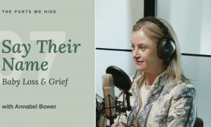 Podcast artwork for Say Their Name with Annabel Bower, who wears headphones beside a studio microphone.